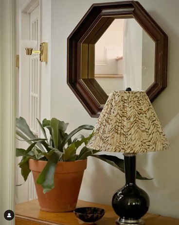 A lamp and a mirror and a plant pot.