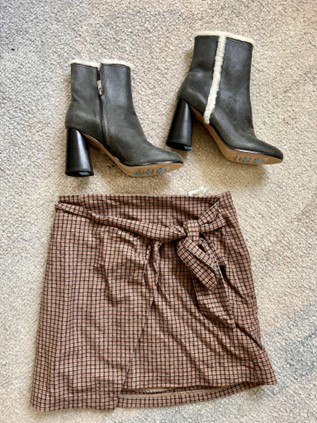 an image of a Wilfred (an Aritzia brand) tartan wool skirt a black ankle high heels Joie boots.
