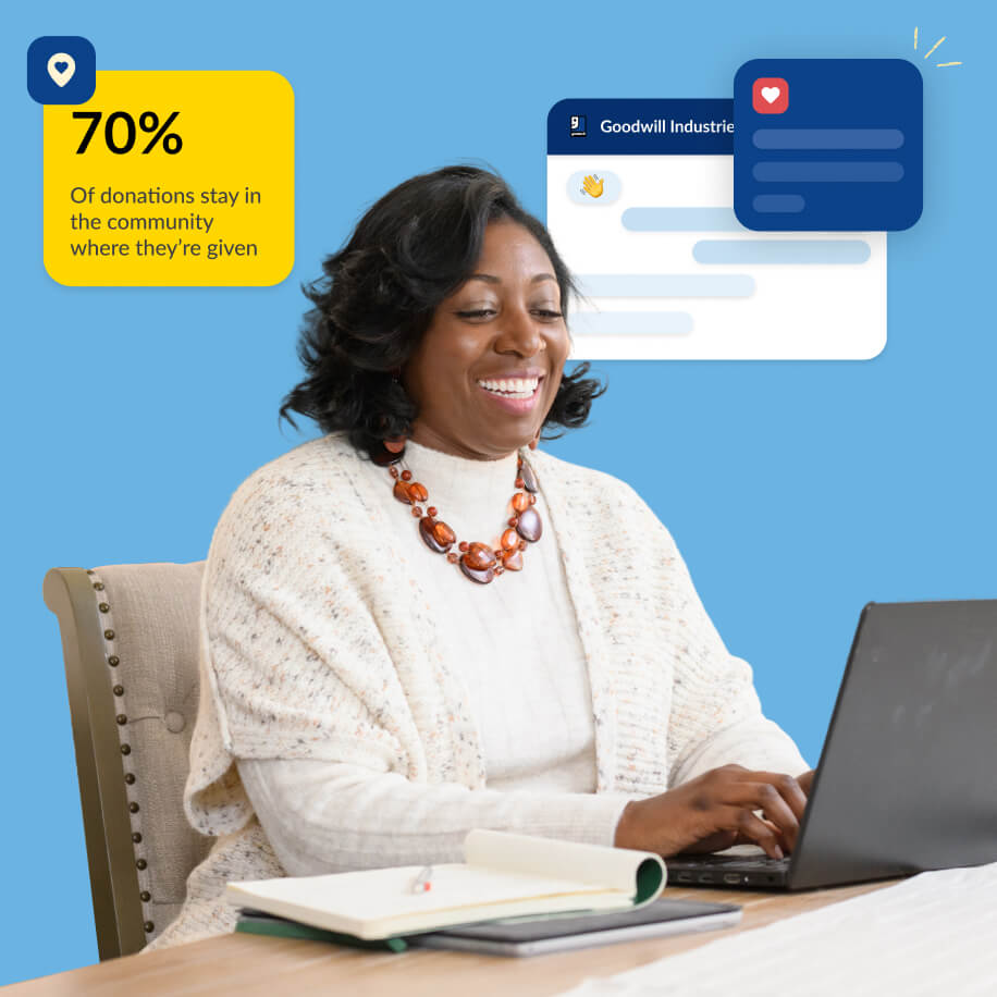 Smiling woman at a desk with a laptop, yellow donation stat card and blue interface graphics on a blue background.