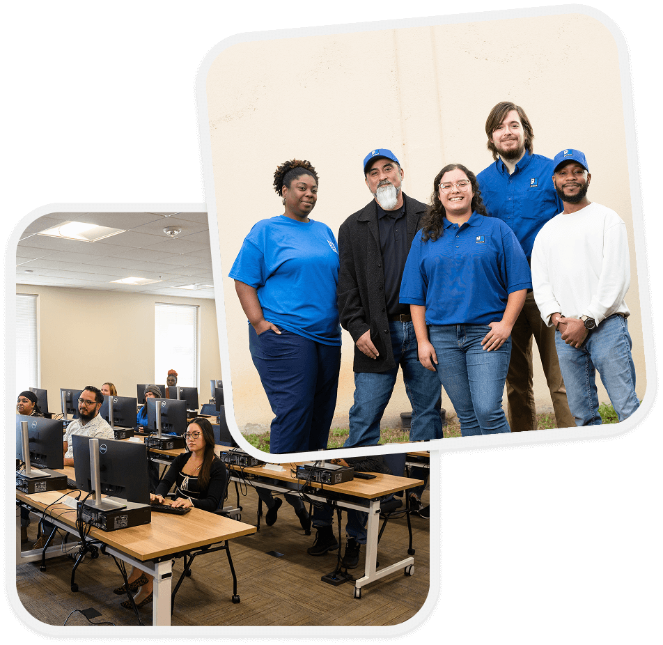 Collage of six staff in blue shirts posing outdoors, layered over a classroom with people at computers.