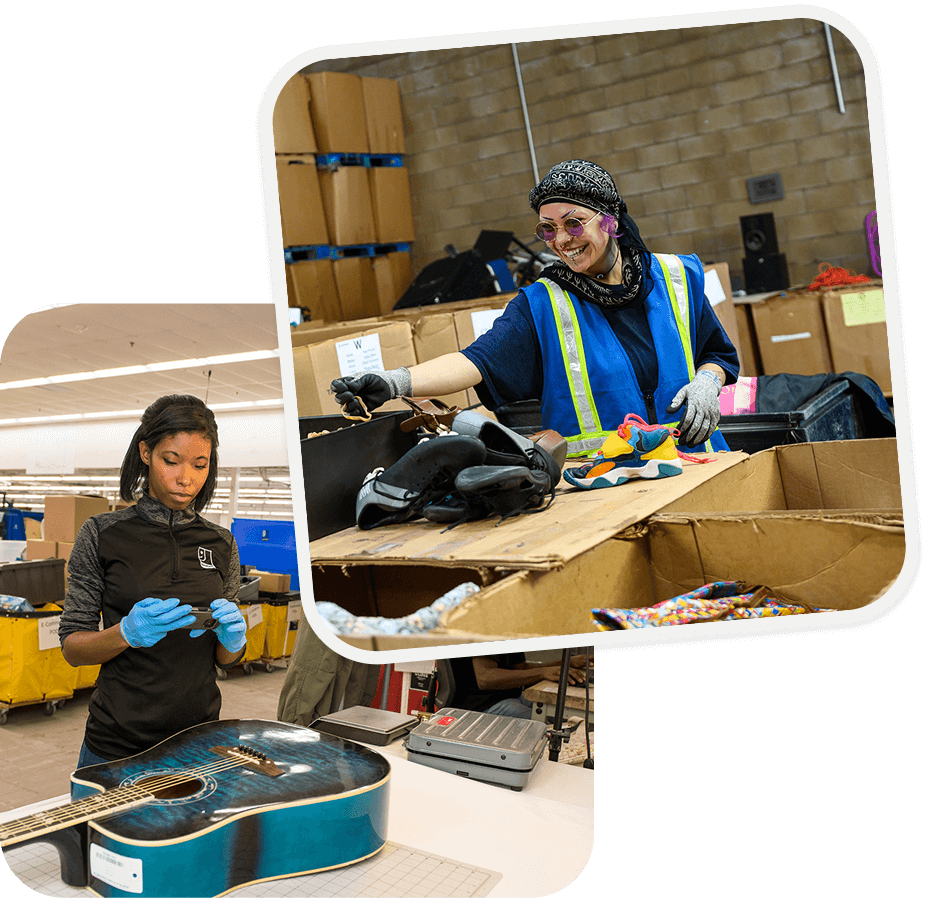 Two volunteers sort donations in a warehouse: one checks a device near a guitar, the other sorts sneakers.