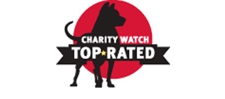 Silhouette of a dog in front of a red circle with a black banner reading Charity Watch Top-Rated.