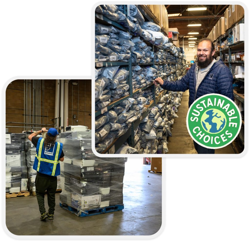 Warehouse workers organize pallets in a storage facility with a sustainable choices badge.