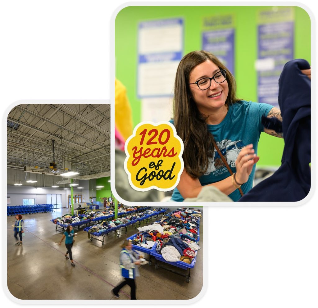 Smiling woman volunteer organizing clothing at a donation drive; foreground yellow '120 Years of Good' sticker, with a large room of donated clothes in the background.