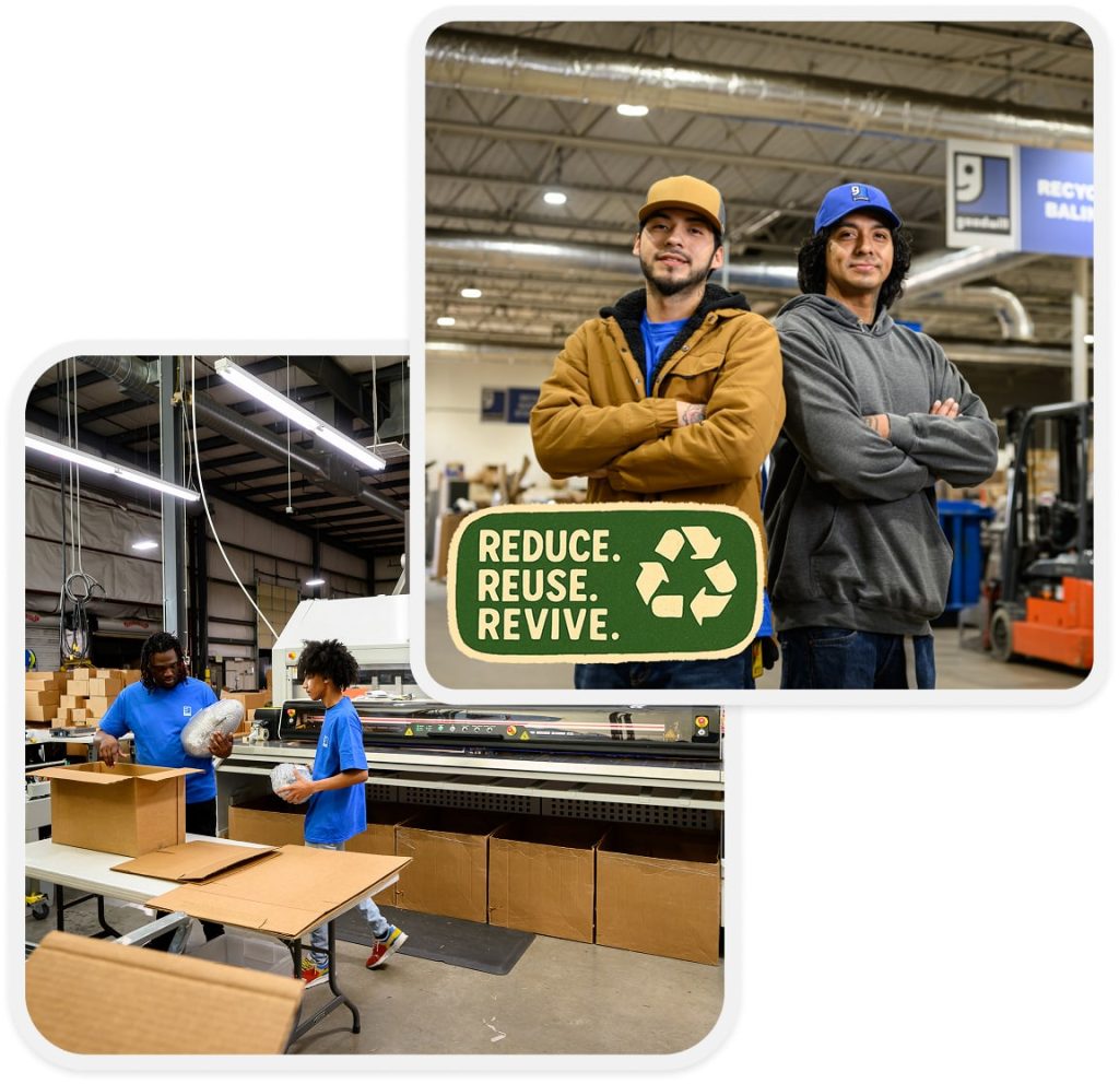 Two workers pose with arms crossed beside a green 'Reduce. Reuse. Revive.' sign in a warehouse; another frame shows staff packing boxes.