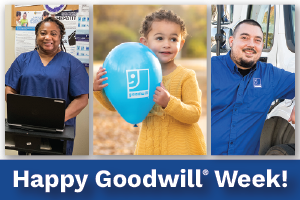 Three Goodwill staff members and a child with a blue balloon, in front of a 'Happy Goodwill Week' banner.