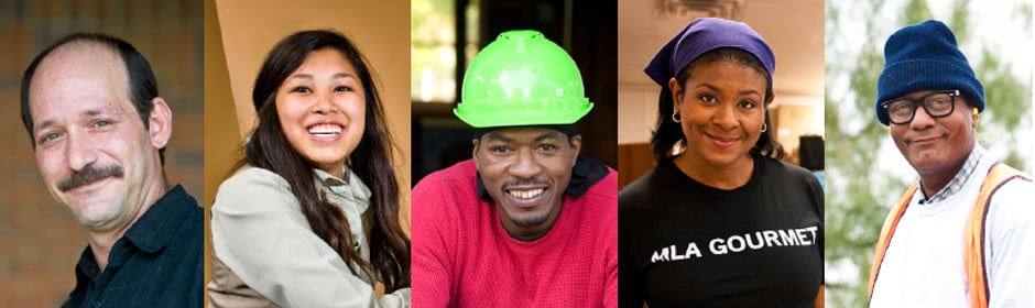 Diverse group of five professionals from office and construction settings in a collage.