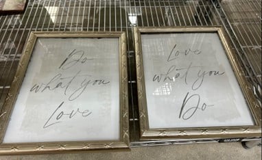 Two vintage ornate frames on a grid floor, displaying 'Do what you love' and 'Love what you do'.