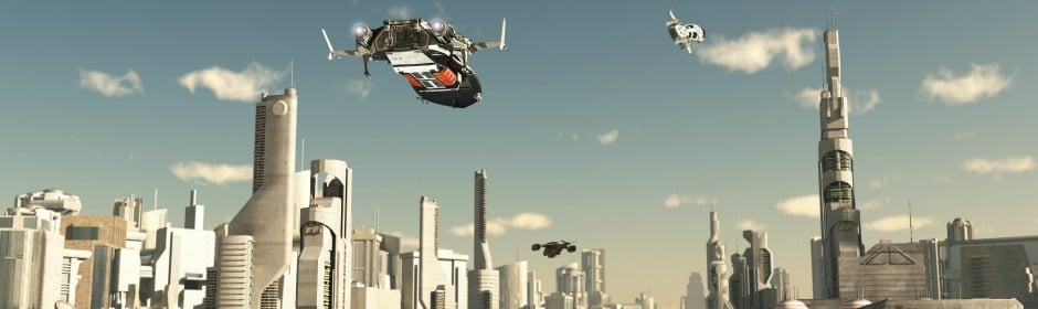 Futuristic city skyline with a hovering flying vehicle above sleek skyscrapers.