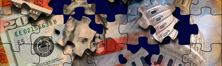 Puzzle collage blending U.S. currency and a government building to symbolize financial complexity.