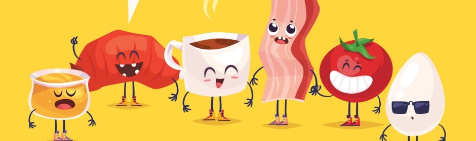 Cheerful cartoon breakfast foods with faces and limbs: orange juice, coffee, bacon, tomato, and sunglasses-wearing egg.