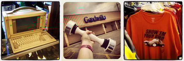 Triptych of thrift-store finds: vintage beige computer, oversized handheld flashlight, and an orange graphic tee.