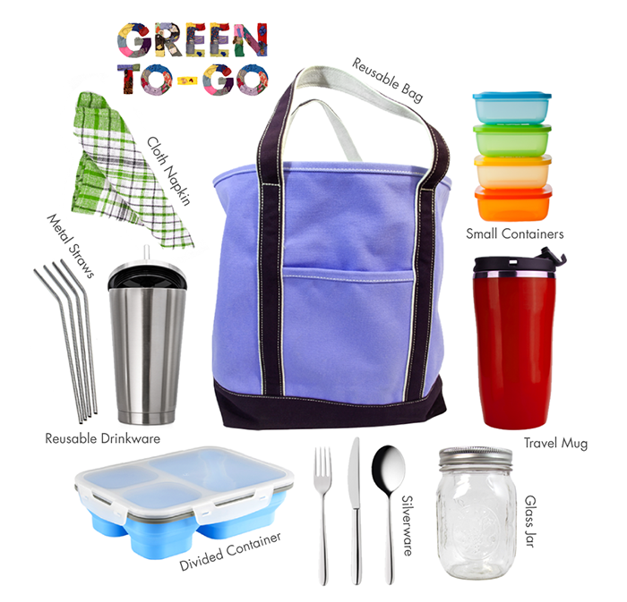 Colorful collage of reusable lunch gear around a blue tote bag, including metal straws, containers, and travel mug.