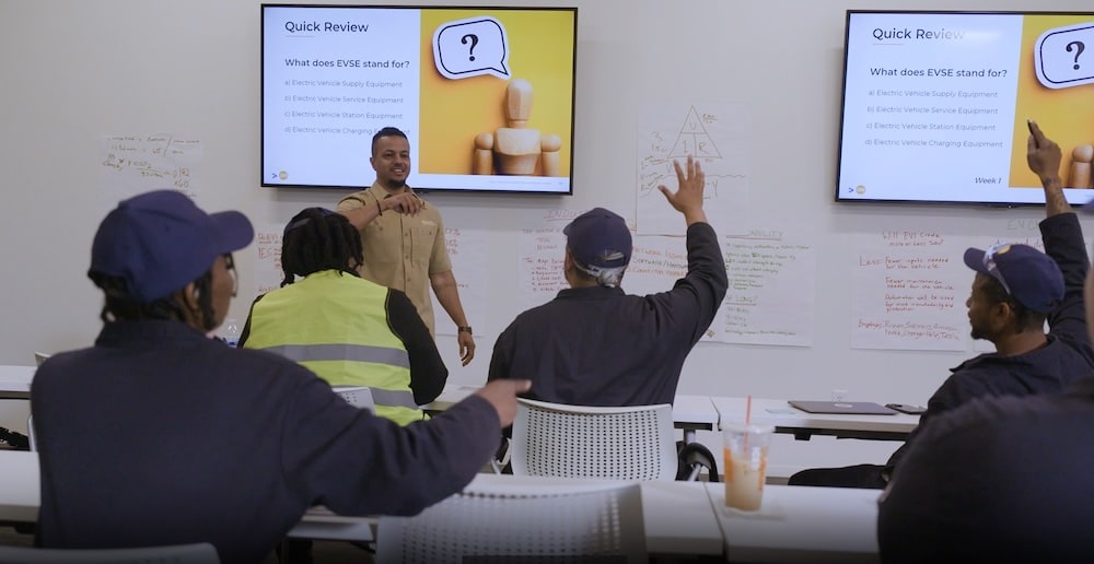 Instructor leads a workshop in a classroom while trainees raise hands as Quick Review slides display.