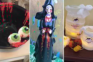 Three Halloween items: a plate with eyeball candies, a gothic witch doll, and decorative dessert jars.