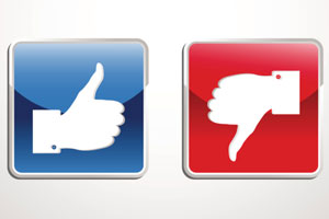 Two glossy square icons: blue thumbs-up and red thumbs-down.