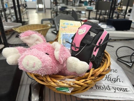 Basket with pink plush pig toy and pink-and-black camera on display in a store.