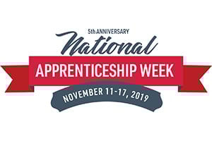 National Apprenticeship Week 5th anniversary banner with dates November 11-17, 2019.