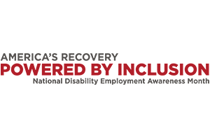 Logo for National Disability Employment Awareness Month featuring 'Powered by Inclusion' in bold red.