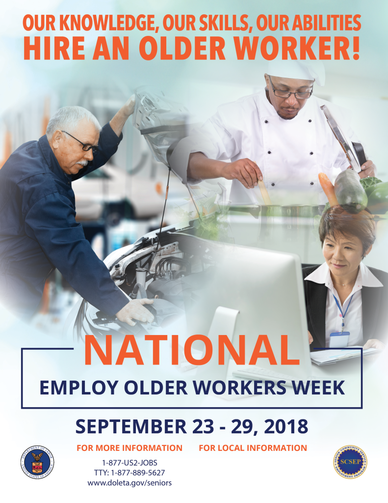 Montage poster of an older mechanic, a chef, and a businesswoman at a computer promoting older workers.