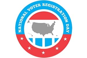 Circular badge for National Voter Registration Day featuring the U.S. map inside a red and blue ring with stars.