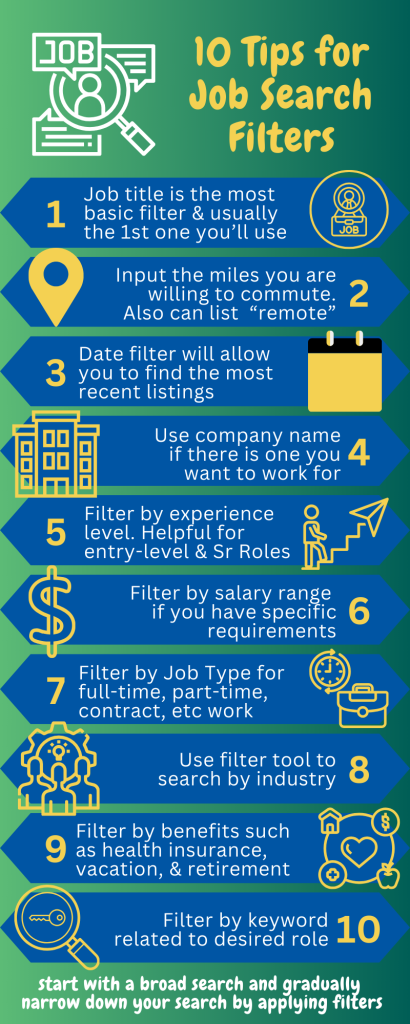 Infographic titled '10 Tips for Job Search Filters' showing numbered blue ribbons with icons on a green gradient background.
