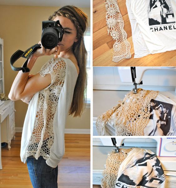 Woman wearing a white crocheted lace top poses with a DSLR, collage shows crochet detail and sewing setup.