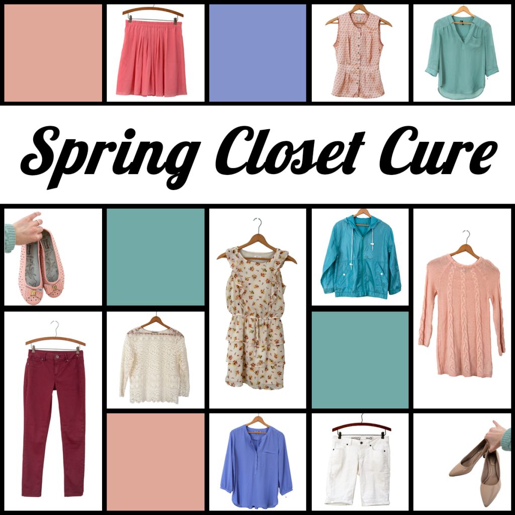 Collage of pastel spring clothing and accessories arranged around the bold text Spring Closet Cure.