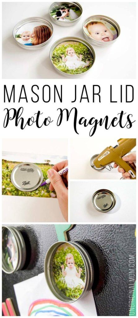 Collage of mason jar lid photo magnets featuring kids' portraits.