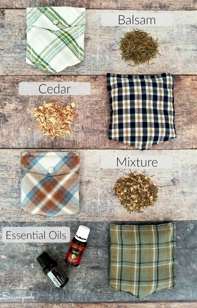 Rustic wooden board with plaid pockets and labeled piles: Balsam, Cedar, Mixture, Essential Oils.