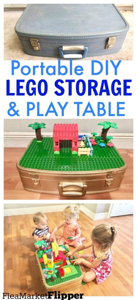 Blue vintage suitcase repurposed as portable LEGO storage and play table.