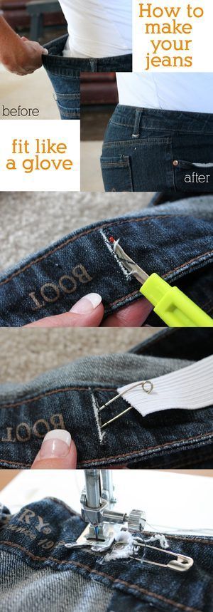 Collage showing jeans repair steps: before/after fit, trimming frayed edges, and stitching with a sewing machine.