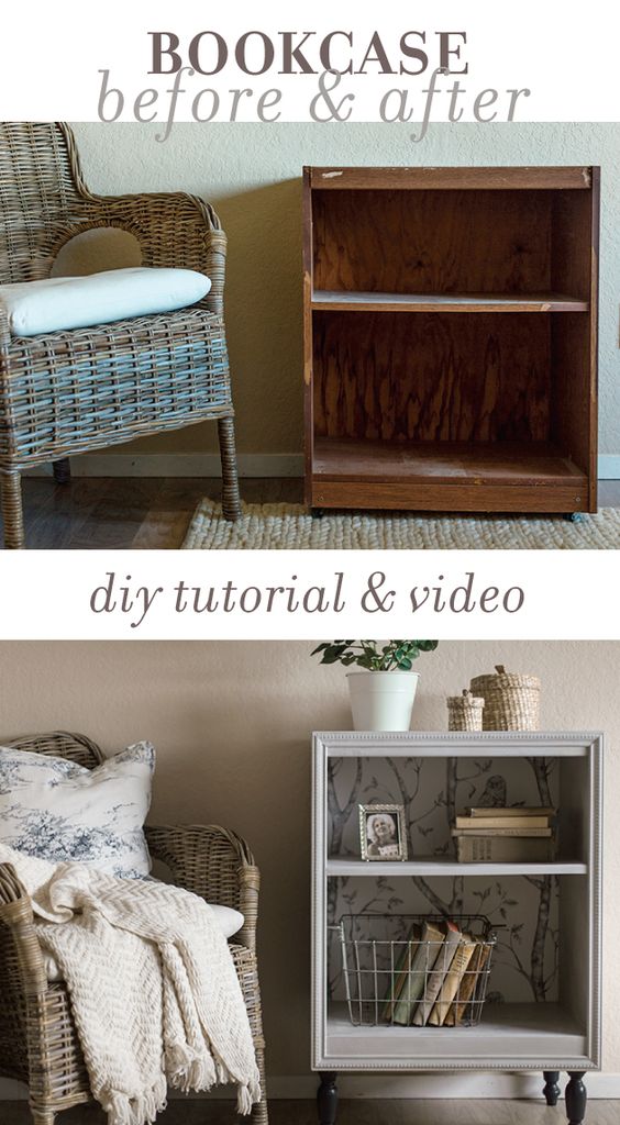 Before-and-after bookcase makeover shown in a cozy living room with a wicker chair and shelving unit.