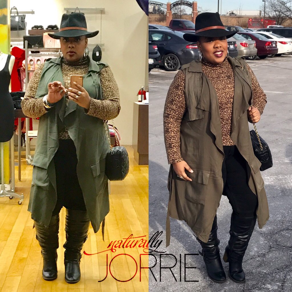 Side-by-side photos of a woman in a leopard print top, olive vest, and black knee-high boots wearing a fedora, indoors and outdoors.