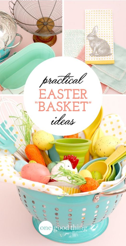 Pastel Easter basket collage with colorful eggs, kitchen tools, and a central white circle reading practical Easter basket ideas.