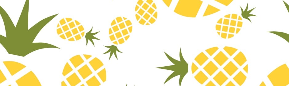 Pattern of yellow pineapples with green leaves scattered on a white background