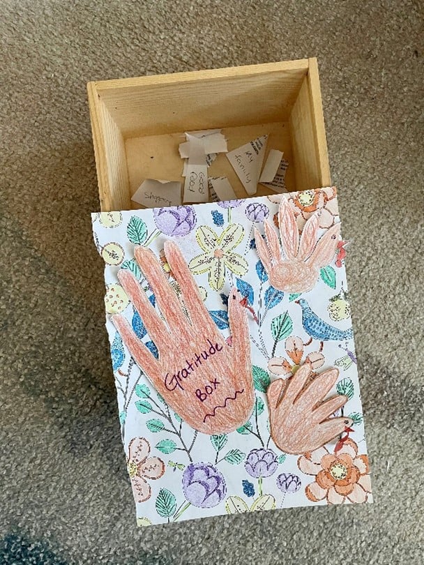 Gratitude box wrapped in floral paper with two brown hand drawings.