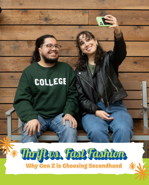 Two young adults sit on a wooden bench taking a selfie with a mint-green phone; banner reads Thrift vs. Fast Fashion.