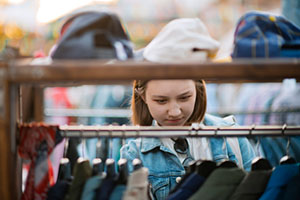 Young girl in a denim jacket browses clothing on a store rack.