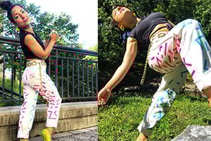 Side-by-side photos of a person wearing white paint-splatter leggings and a black top outdoors.