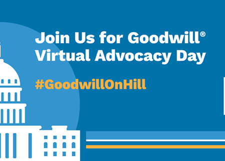 Blue banner for Goodwill Virtual Advocacy Day with Capitol dome silhouette and #GoodwillOnHill