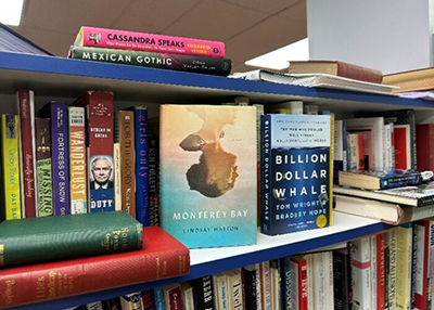A bookshelf filled with colorful hardcover and paperback titles, including Monterey Bay by Lindsay Hatton.