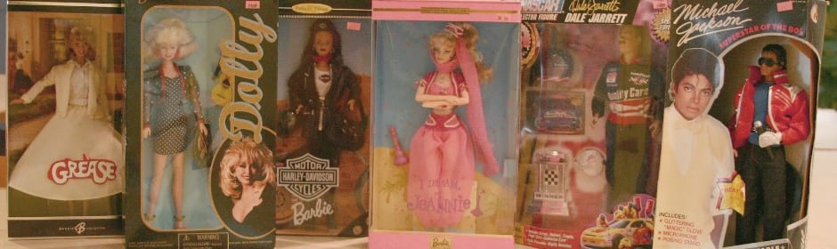 Row of vintage Barbie dolls in original packaging on a shelf, displaying colorful outfits and brand logos.
