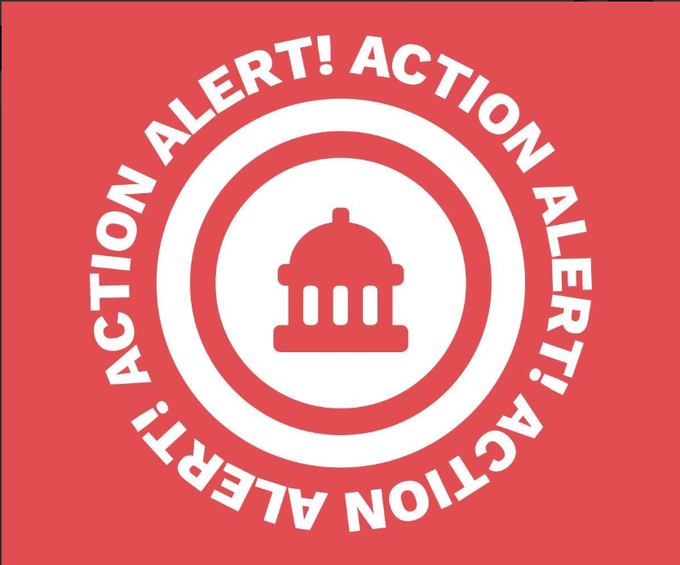 Red circular alert badge featuring a capitol dome icon and ACTION ALERT around the ring.