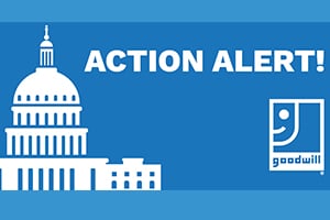 Blue banner with Capitol silhouette on the left, bold 'ACTION ALERT!' text across the top, and the Goodwill logo on the right.