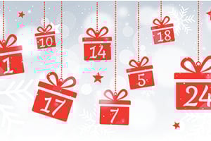 Advent calendar with hanging red gift boxes numbered 1–24 against a snowy blue background.
