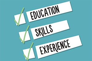 Three white ribbons labeled Education, Skills, Experience with green checkmarks on teal background.