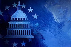 Blue-toned illustration of the U.S. Capitol dome surrounded by stars.