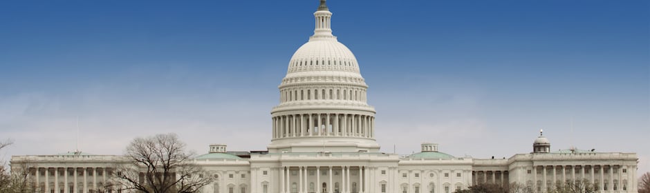 The United States Capitol dome centered with its wings against a clear blue sky.