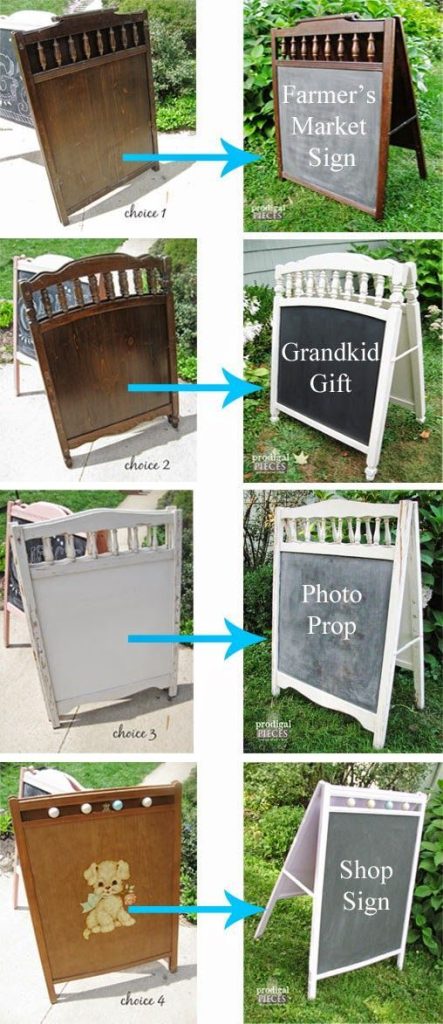 Collage of four wooden chalkboard signs showing back panels on the left and finished displays on the right.